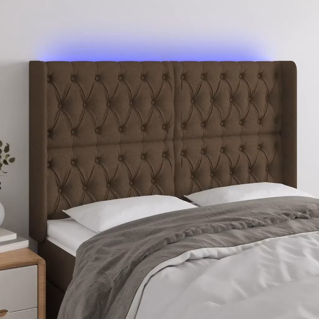 Testata del letto con illuminazione LED e porta USB in tessuto marrone scuro L: 147 cm, P: 16 cm, H: 118/128 cm – 2