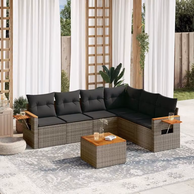Set di divani da giardino vidaXL 7 pz in polyrattan grigio con cuscini e tavolino da esterno