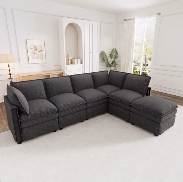 Divano modulare XXL 6 posti con pouf mobile in ciniglia grigio HOMVRA