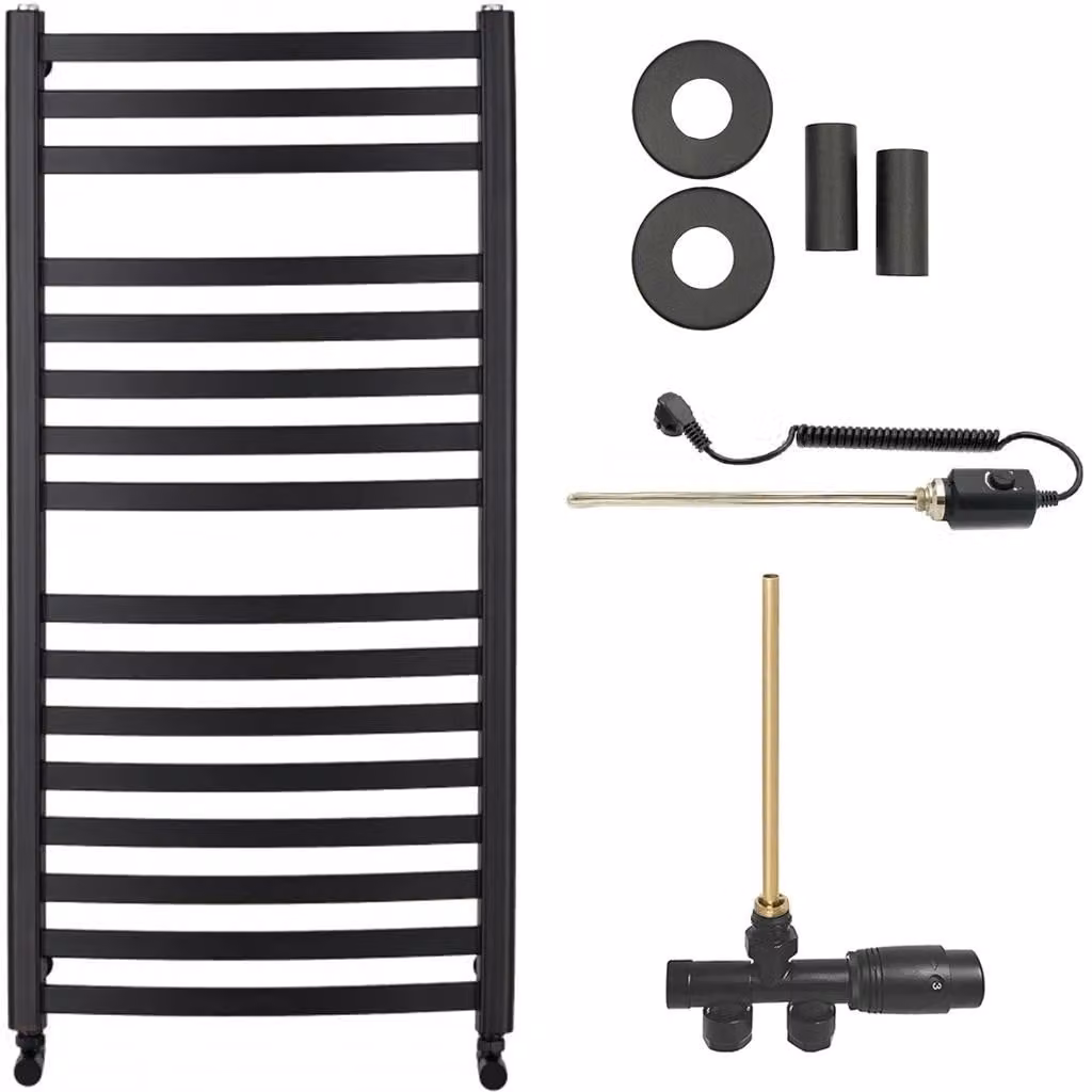 Set radiatore per bagno Paolo - riscaldamento combinato, barra termica - collegamento laterale a un punto - 600W - nero opaco - 1090x550 mm