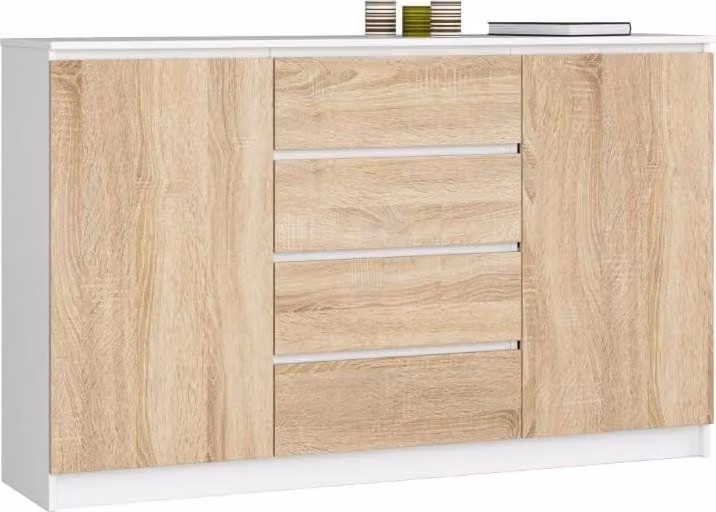 BDW, cassettiera con 4 cassetti, 160x40x99 cm, K160, bianco / rovere Sonoma
