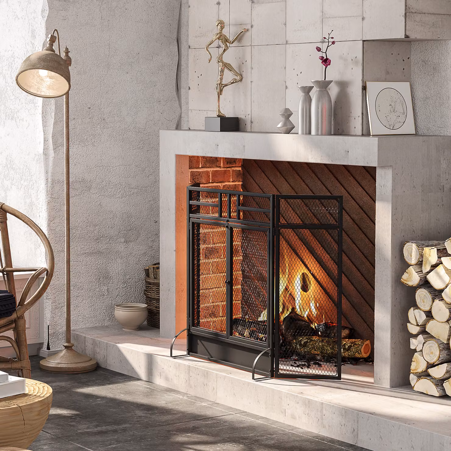 Parascintille Pieghevole HOMCOM a 3 Pannelli con Doppia Porta in Metallo, Nero, L 120 cm x P 11,5 cm x H 79 cm – 2