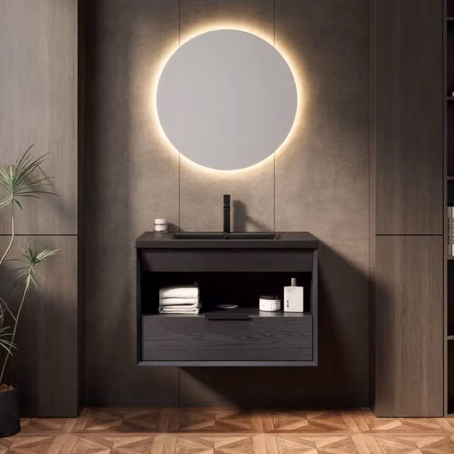 Mobile lavabo sospeso 75 cm con lavandino in ceramica integrato, mobile in compensato con ripiano e cassetto, bordo smussato, finitura nero legno, preassemblato