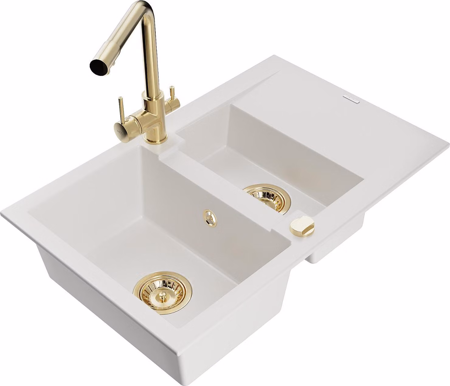 Mexen Gaspar lavello in granito 1,5 camere con scolapiatti e rubinetto da cucina Duero, bianco - 6507-20-671600-50