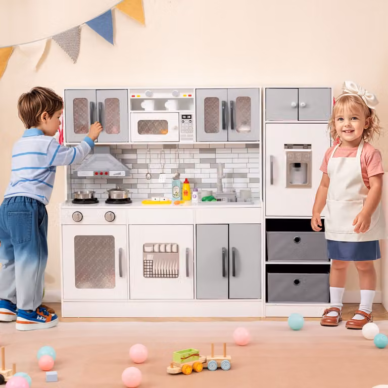 Cucina da gioco in legno Costway con accessori e funzioni interattive, Grigio