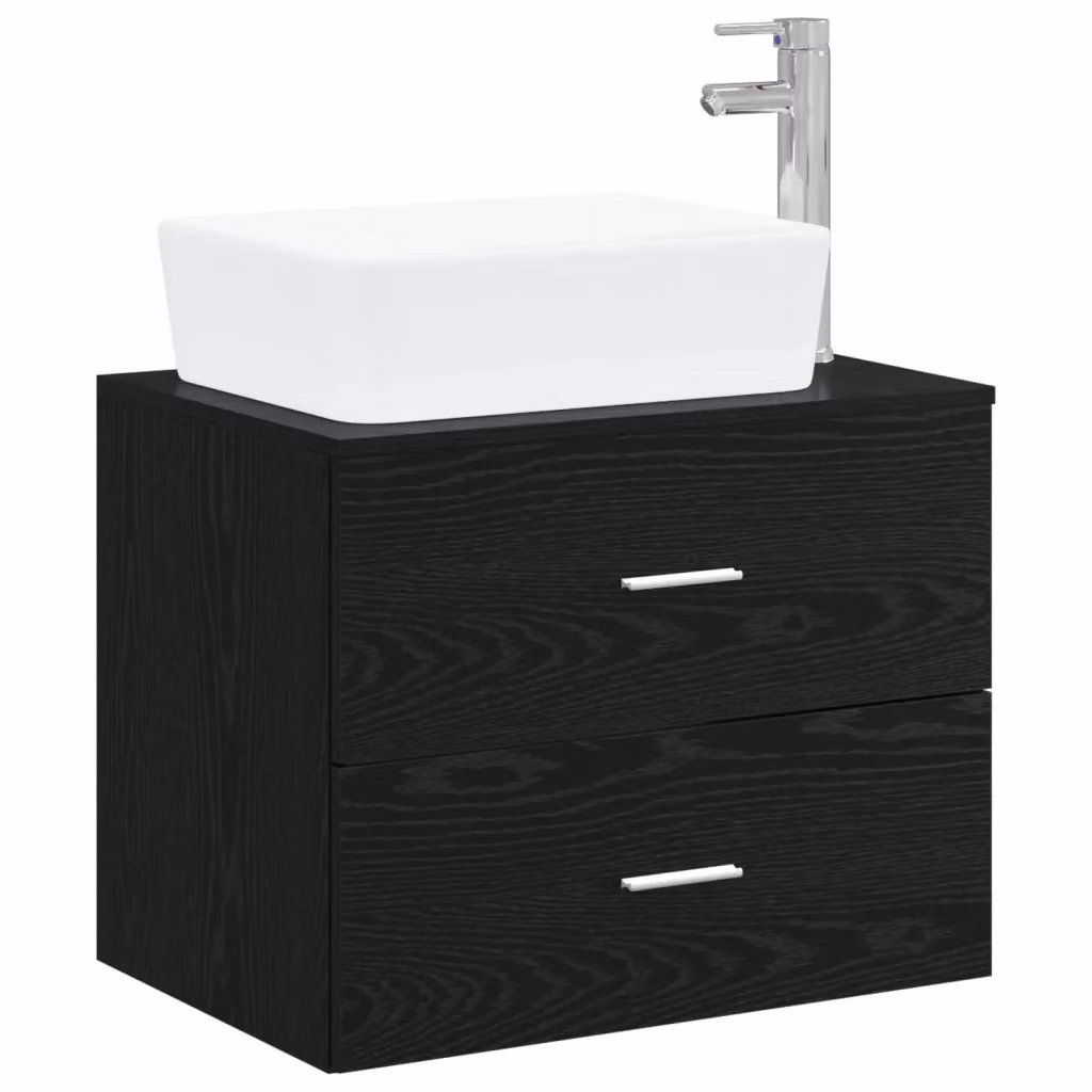 Mobile lavabo da bagno moderno vidaXL in MDF nero e rovere con cassetti e ante, sospeso, L: 62,5 cm, P: 44,5 cm, H: 50 cm – 2