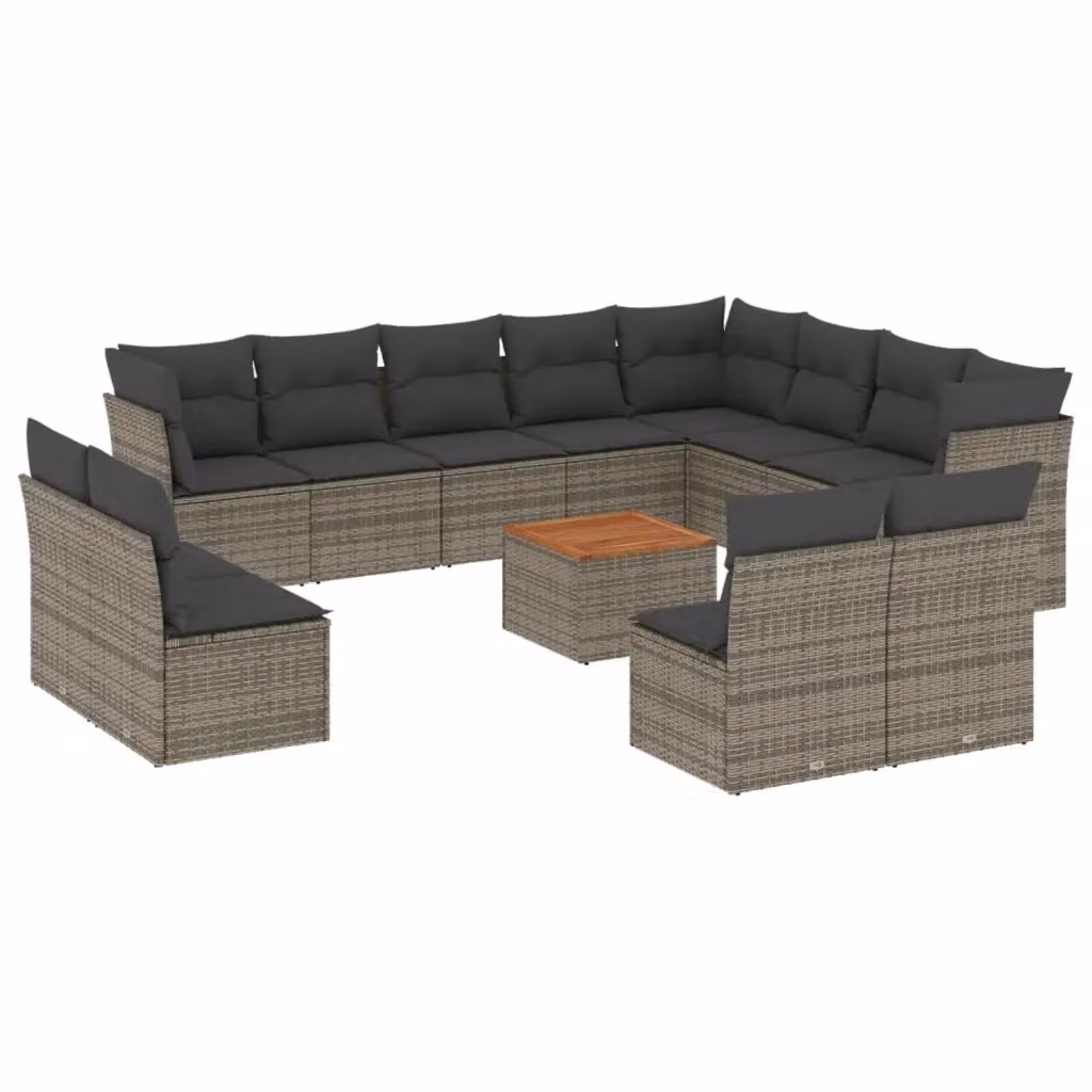 vidaXL Set Divani da Giardino 13 pz a Forma a L in Polyrattan Grigio con Cuscini e Tavolino da Esterno – 2