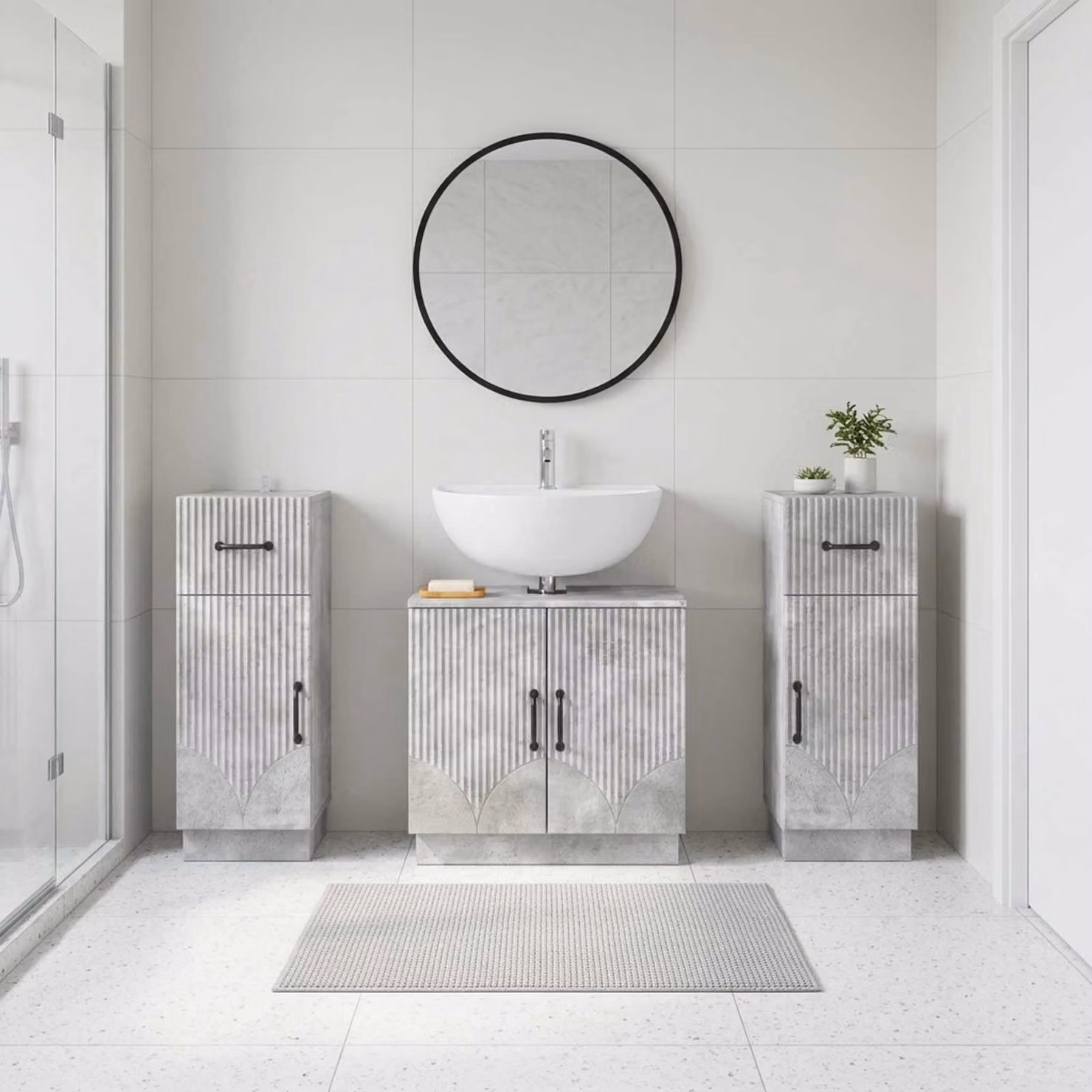 Set di mobili da bagno vidaXL HOORN in 3 pezzi, design minimalista, colore grigio cemento opaco