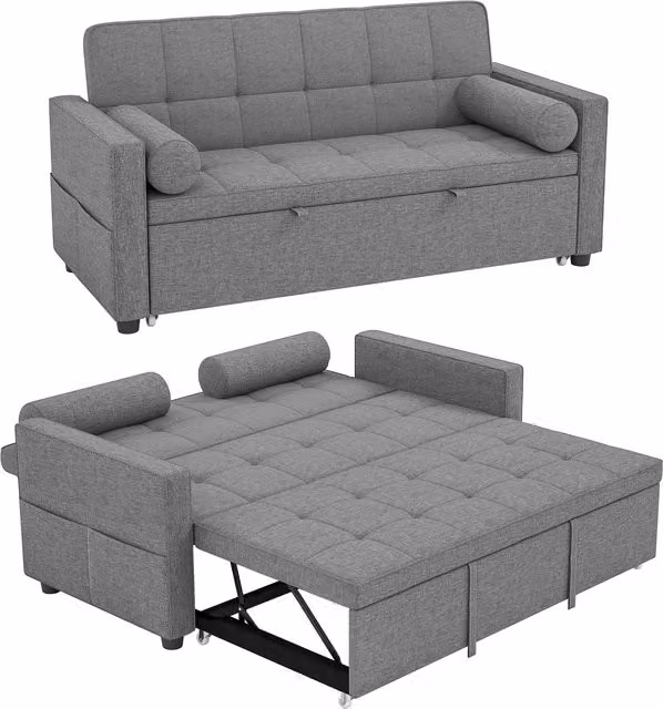 Divano letto convertibile 3 in 1 HOMCOM a 2 posti con letto matrimoniale estraibile, schienale regolabile e 2 cuscini, grigio, L: 151 cm, P: 137,5 cm, H: 84 cm