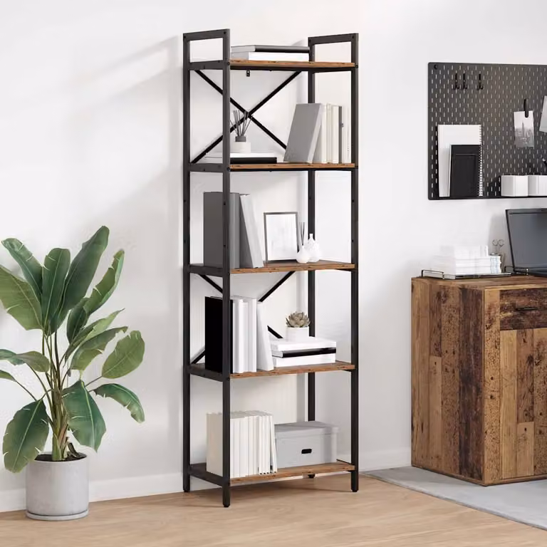 Libreria vidaXL in stile industriale con 5 livelli, legno e metallo, colore marrone, L: 56 cm, P: 34 cm, H: 171 cm
