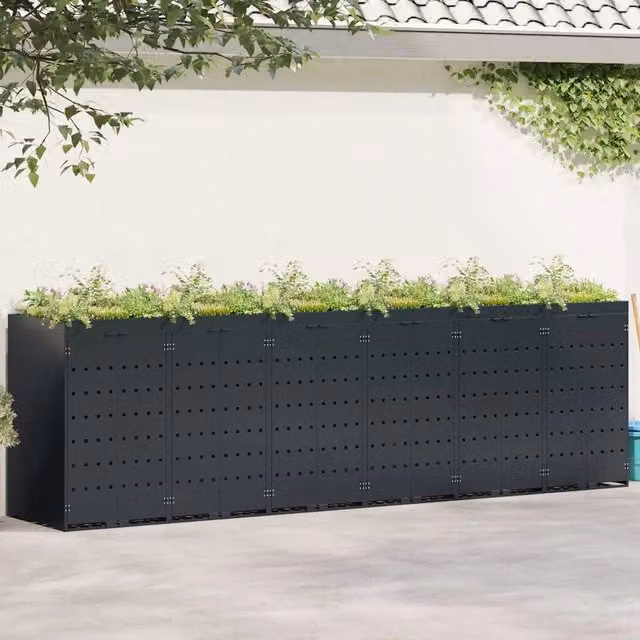 Contenitore per rifiuti Videx in acciaio per 6 bidoni, colore nero, L: 408 cm, P: 77,5 cm, H: 121,5 cm – 1