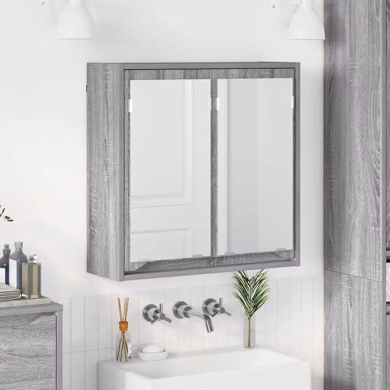 Mobiletto per specchio da bagno vidaXL Grigio Sonoma con ante in vetro e specchio, L: 60 cm, P: 20 cm, H: 60 cm
