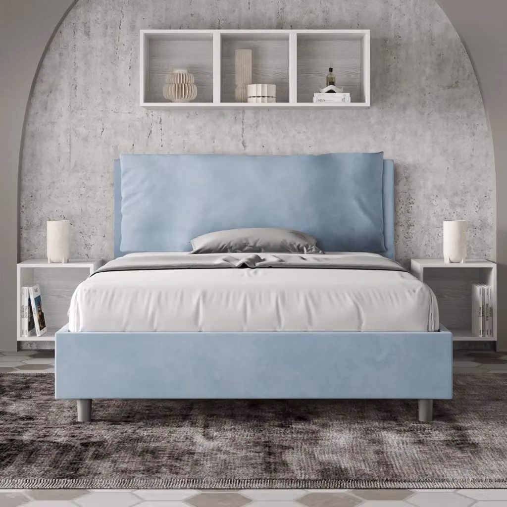 Letto Matrimoniale Francese Antea Large con Contenitore e Rete Giordanoshop Imbottito in Microfibra Azzurro L/P/H: 140 x 210 x 110 cm – 2