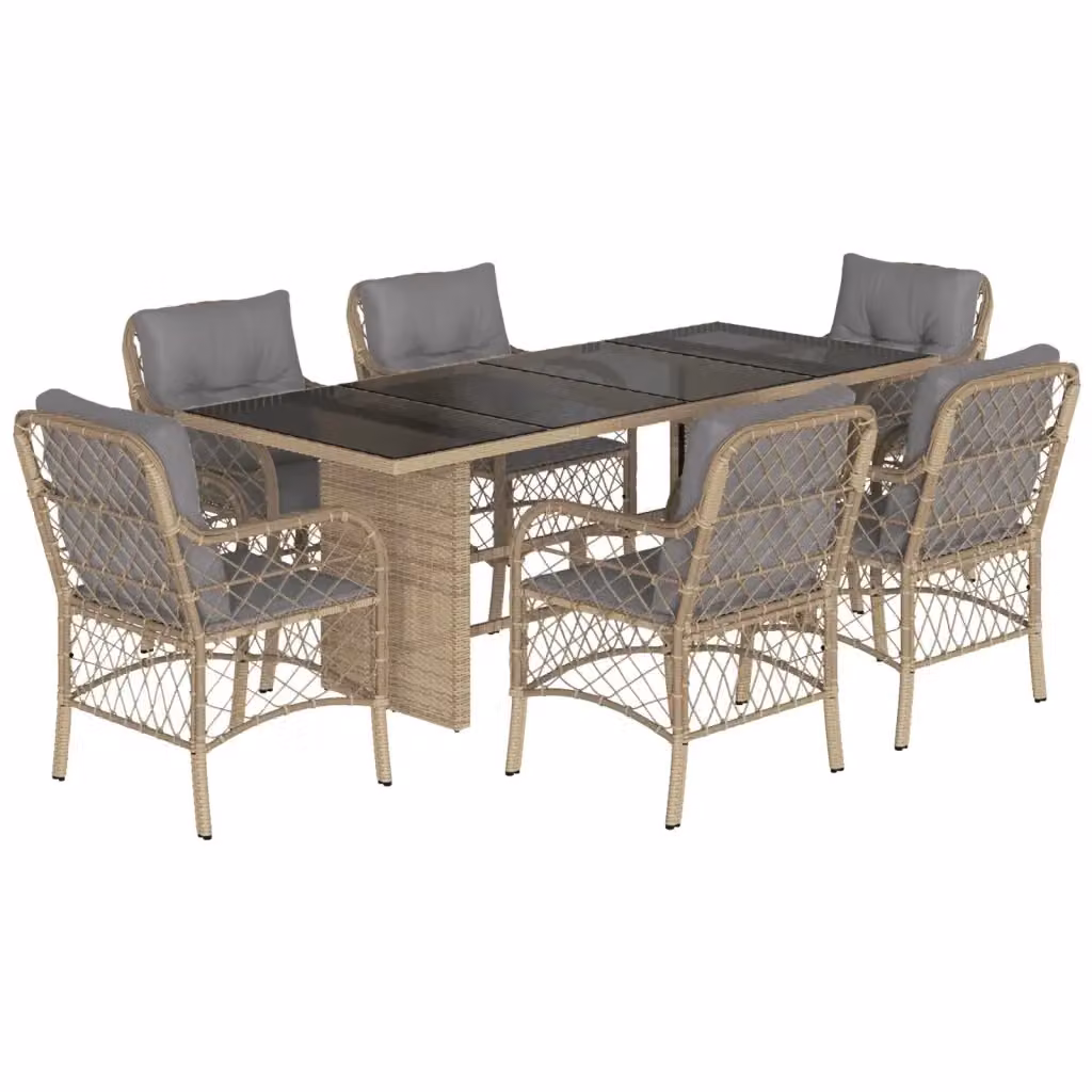 Set da pranzo da giardino vidaXL in polyrattan con tavolo in vetro e 7 sedie con cuscini beige e bianco – 2