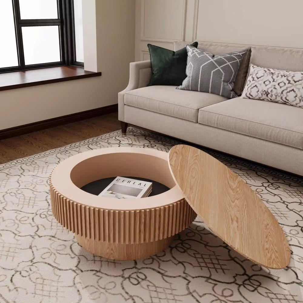 Tavolino rotondo - Tavolino da caffè con spazio contenitivo - 75 cm - Realizzato in legno massello e MDF - Design moderno - Legno naturale
