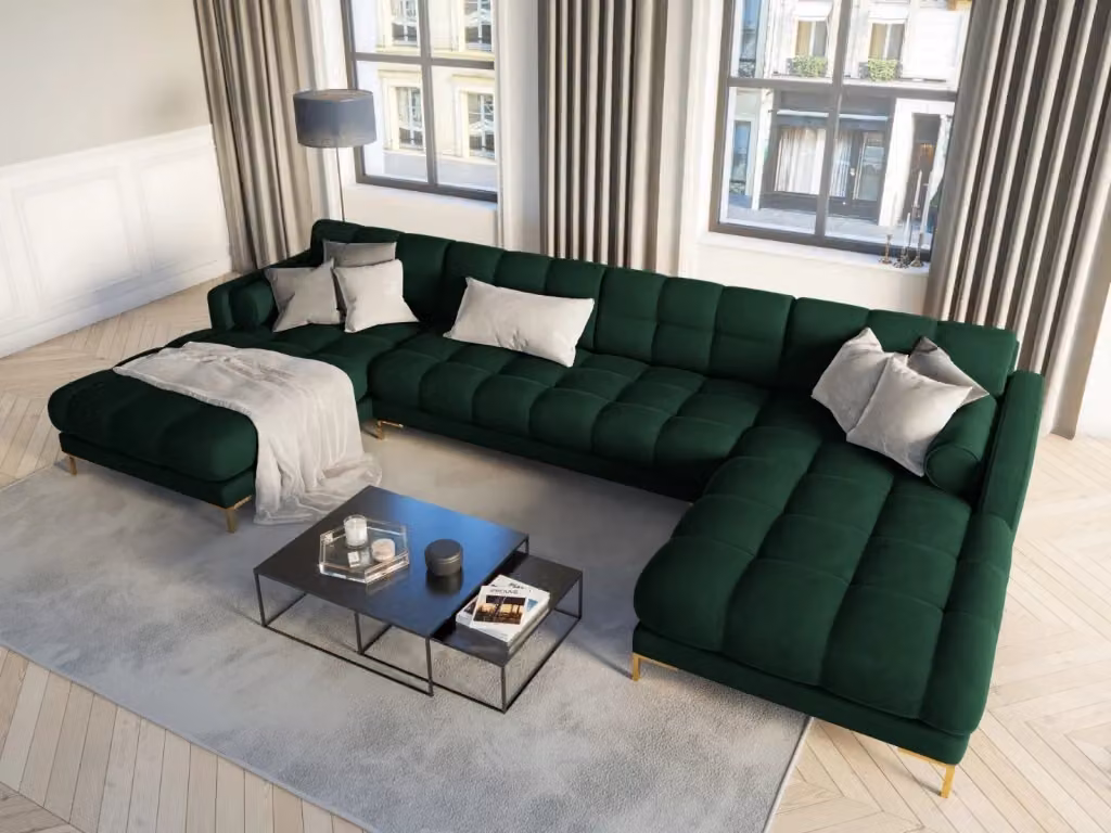 Divano panoramico Bali a 7 posti Cosmopolitan Design in velluto verde bottiglia con struttura in metallo e forma a L – 2