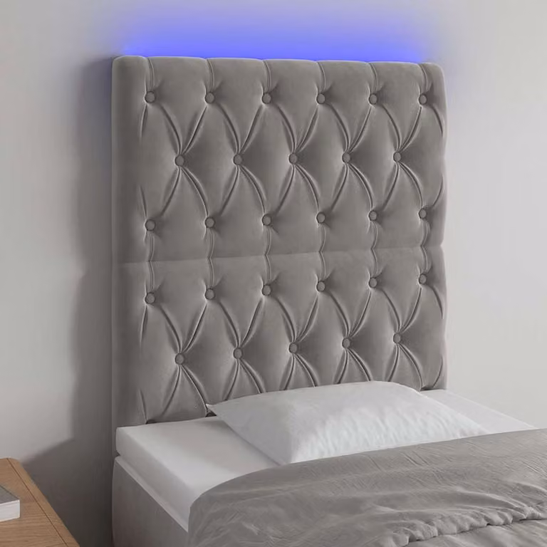 Testiera per letto vidaXL in velluto grigio con illuminazione LED e porta di ricarica USB, L/P/H: 118-128 x 80 x 7 cm