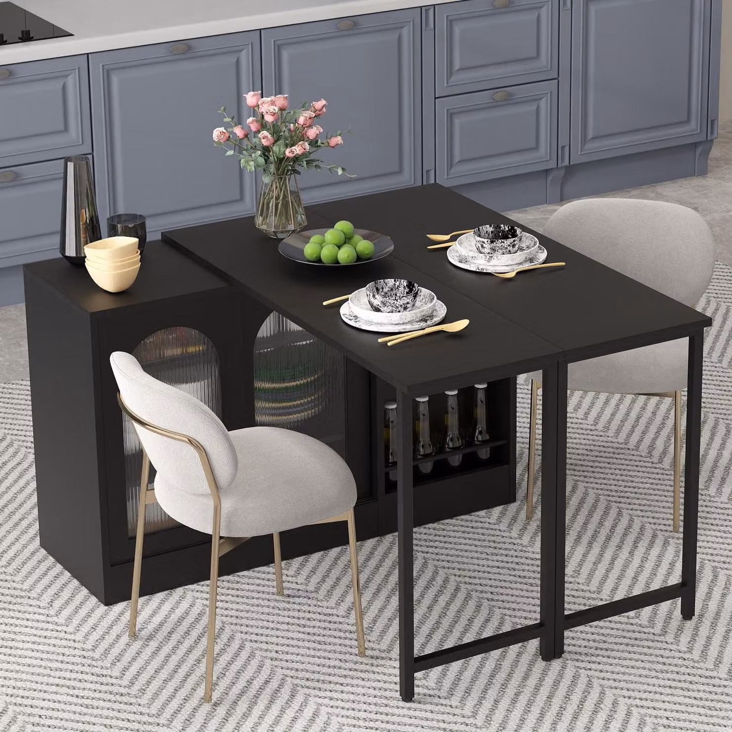 Tavoli da pranzo Merax tavolo bar girevole a 360°, tavolo da pranzo allungabile e reversibile credenza con porta in vetro, ripiano portaoggetti, tavolo da cucina, nero