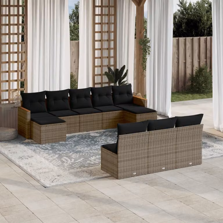 vidaXL Set Divano da Giardino 10 pz a L con Cuscini Grigio in Polyrattan e Legno di Acacia