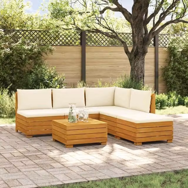 Set di 6 pezzi di divani da esterno vidaXL in legno di acacia massello marrone con cuscini beige e tessuto resistente ai raggi UV per giardino e terrazzo