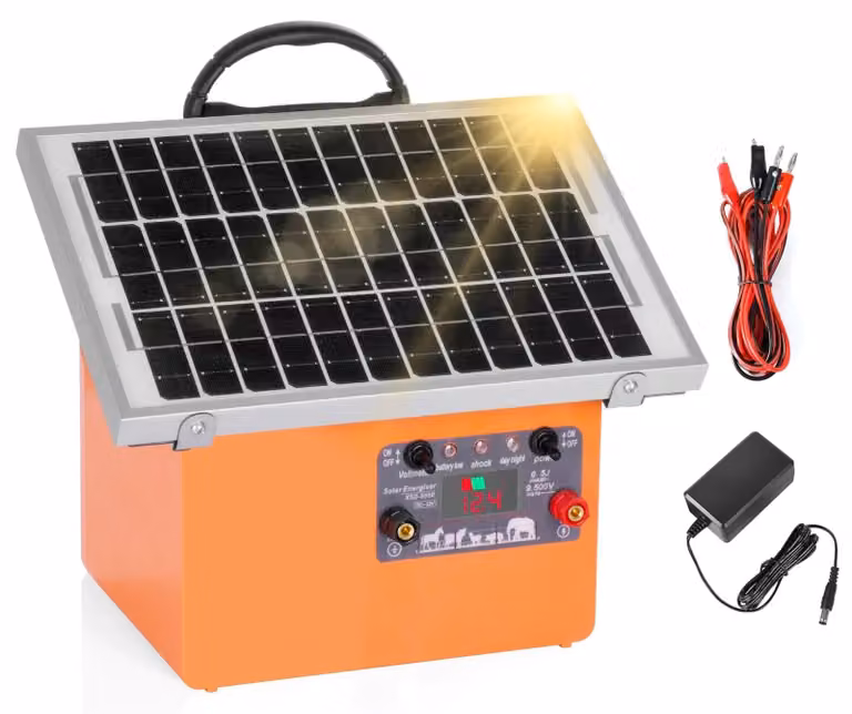 Caricabatterie solare per recinzioni elettrificate, portata di 32 km, potenza di uscita 0,5 J, con spina di tipo EU, colore arancione