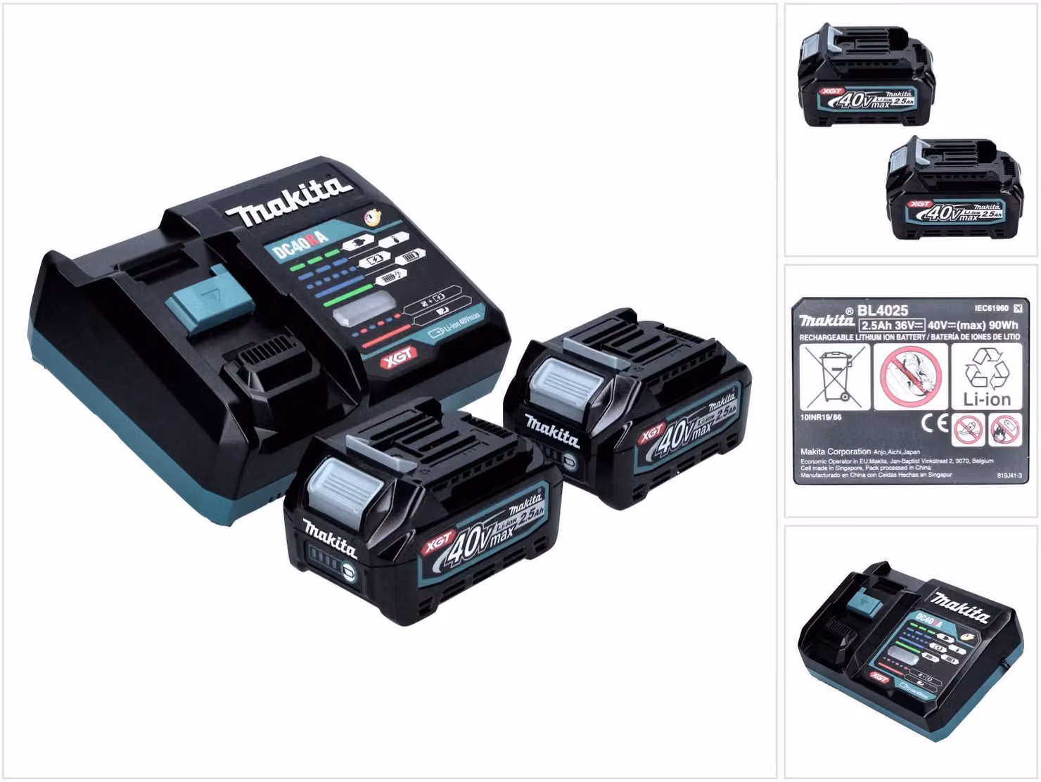 Kit di alimentazione Makita 40 V max. con 2x batteria BL 4025 2,5 Ah XGT ( 2x 191B36-3 ) + caricatore rapido DC 40 RA XGT LXT ( 191E07-8 )
