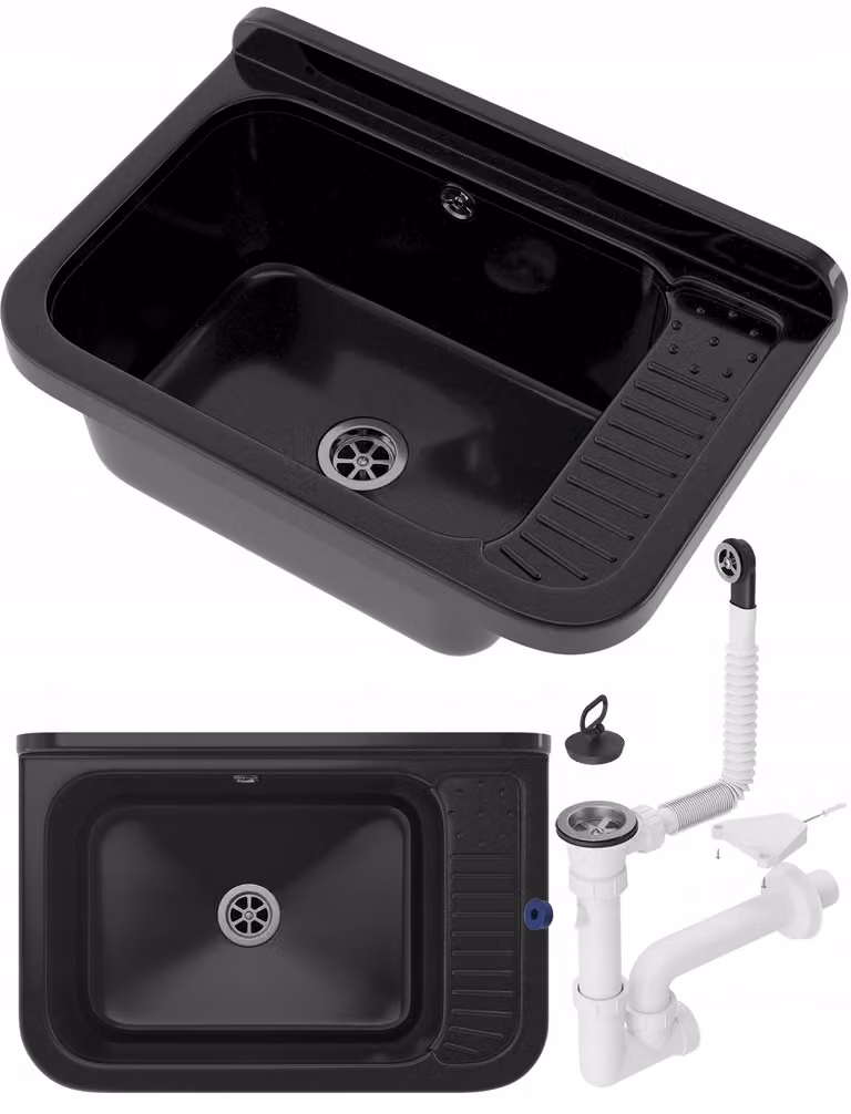 Granitan - Lavatoio - Lavandino 37x26,7 cm - Lavello nero - con sifone - POLO