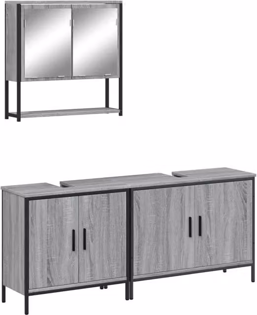 Set Mobili da Bagno Moderno Grigio con Mobile Lavabo e Armadietto Specchio in Legno e Metallo
