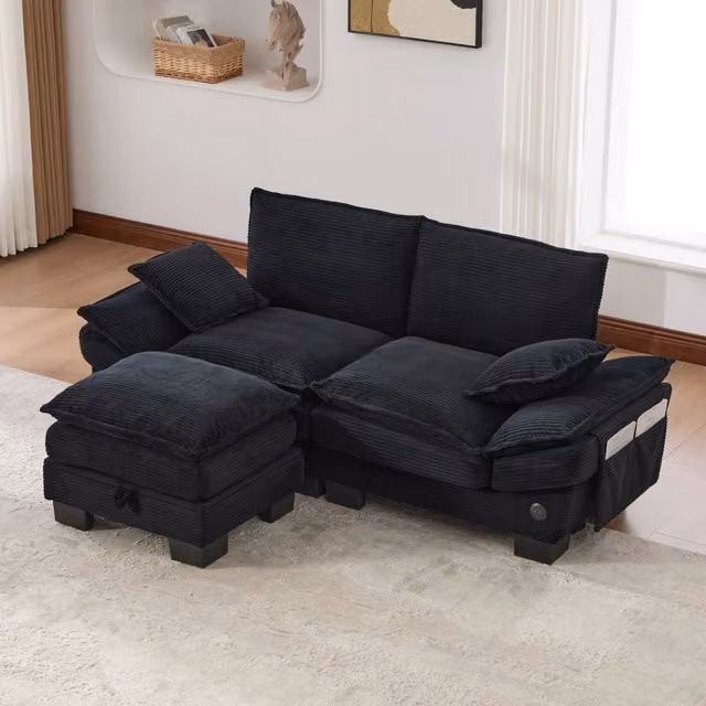 Divano 2 Posti con Poggiapiedi Modulare ¨C MINIMAL ¨C Nero, Tessuto a Coste, Cuscini