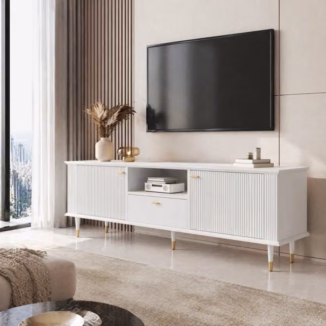 Mobile TV moderno REDOM bianco e oro con 2 ante, vano aperto e cassetto, L: 170 cm, P: 36 cm, H: 54 cm