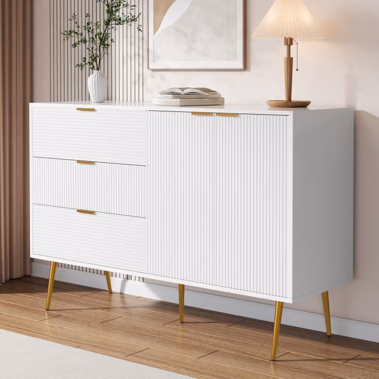 MODFU Mobile da cucina, mobile da soggiorno, 120 L x 38 B x 80,5 H (cm), con 2 ante e 3 cassetti, ripiani interni, con maniglie e gambe dorate, Bianco + Oro