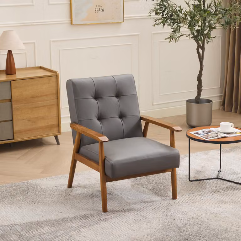 Sedia da ufficio MODFU con schienale, poltrona relax in legno di gomma, poltrona imbottita con braccioli, dimensioni 64x80x83 cm, colore grigio