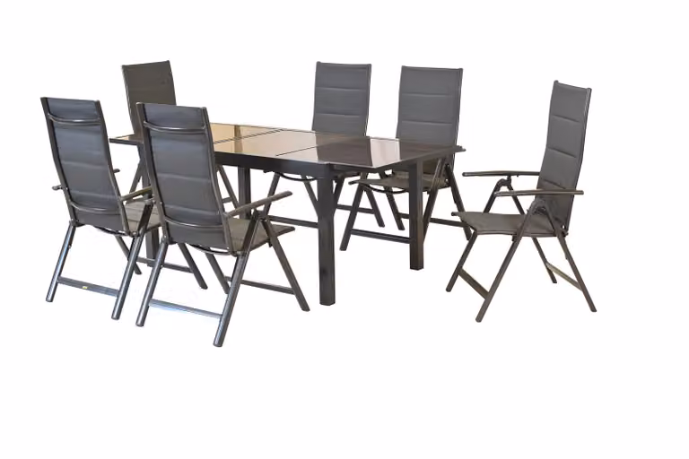 Set di mobili da giardino Merxx Taviano 7 pezzi, 6 sedie pieghevoli, tavolo allungabile 140 (200) x 90 cm - alluminio/tessuto