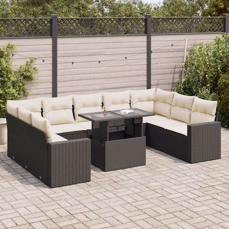 Set di divani da giardino vidaXL a forma di U composto da 10 pezzi con cuscini, polyrattan e struttura in acciaio nero