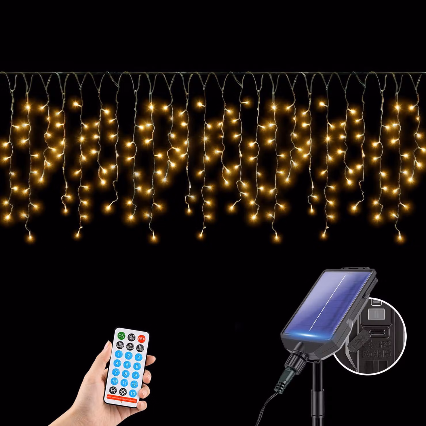 Tenda luminosa solare, 15,6 metri, 480 LED, 13 modalità, con telecomando