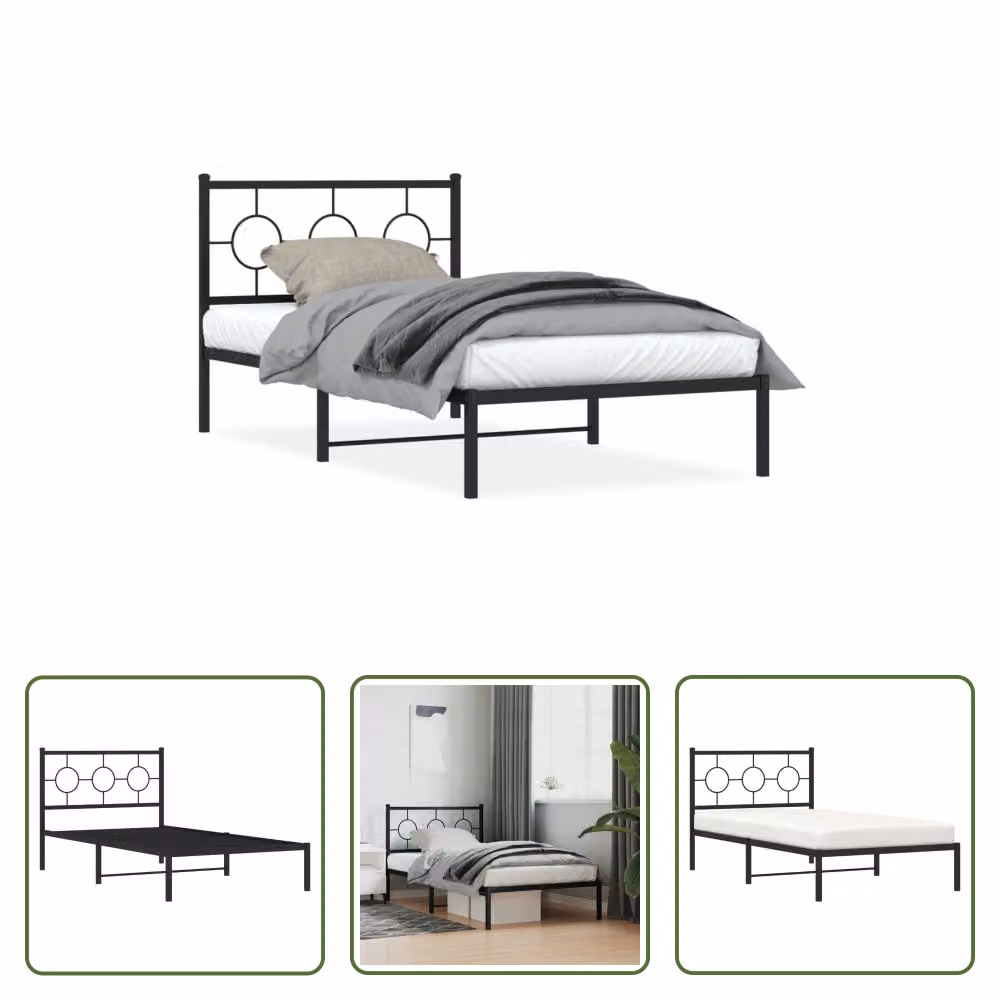 The Living Store Struttura letto con testiera in metallo nero 100x200 cm
