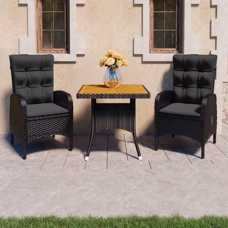 The Living Store Set da pranzo da giardino 3 pezzi in poly rattan e legno d'acacia nero