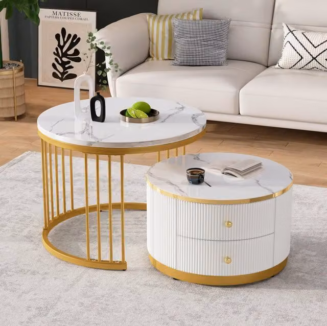 Set 2 tavolini da salotto ULEVR rotondi 60x60x45,5 e 50x50x32 cm, effetto marmo lucido, 2 cassetti, bianco