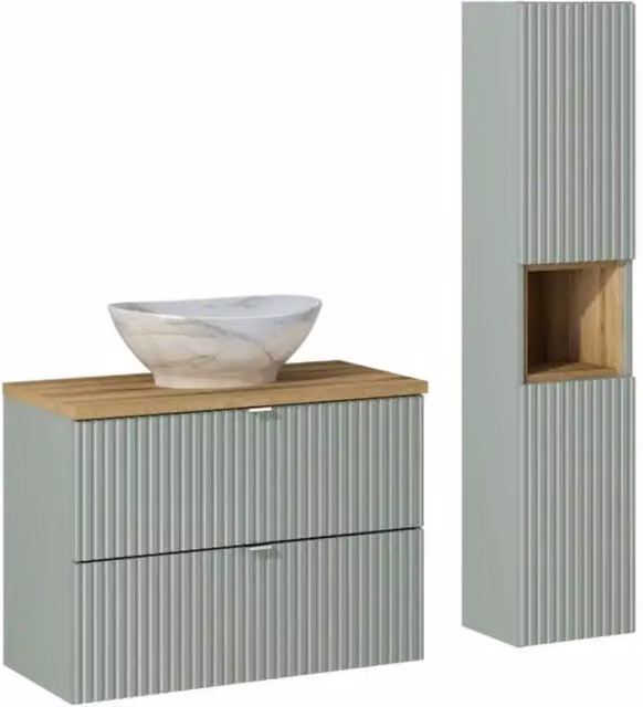 Insieme ELVINA 110cm : mobile sottolavabo con cassetti verde + piano per lavabo + lavabo da appoggio marmoreo + colonna