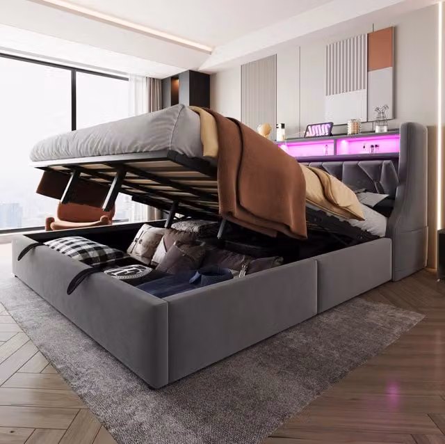 Letto matrimoniale imbottito 180x200 cm con contenitore idraulico; LED; USB e Type-C; velluto grigio