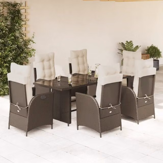 Set da Pranzo da Giardino 7 Pezzi vidaXL in Polyrattan Marrone e Bianco con Piano in Vetro – 1
