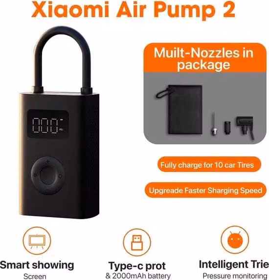 Xiaomi - Pompa elettrica per pneumatici - Compressore d'aria elettrico portatile - Gonfiatore elettrico per pneumatici - Porta USB-C - Grigio