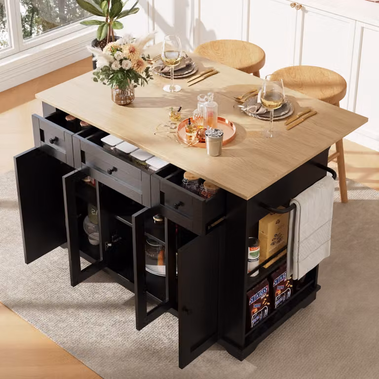 okwish Mobile da cucina, Mobile buffet, Isola da cucina con struttura in legno, Vetro rigido, Carrello da pranzo con divisori estraibili, Nero