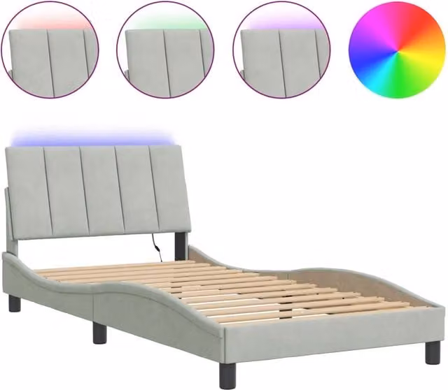 Letto singolo Hanko in velluto grigio chiaro con illuminazione LED e porta di ricarica USB, L/P/H: 100 x 200 cm