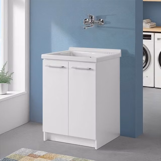 Mobile lavatoio Revine con due ante e vasca in ceramica Dolomite bianca L: 61,4 cm, P: 59 cm, H: 85 cm