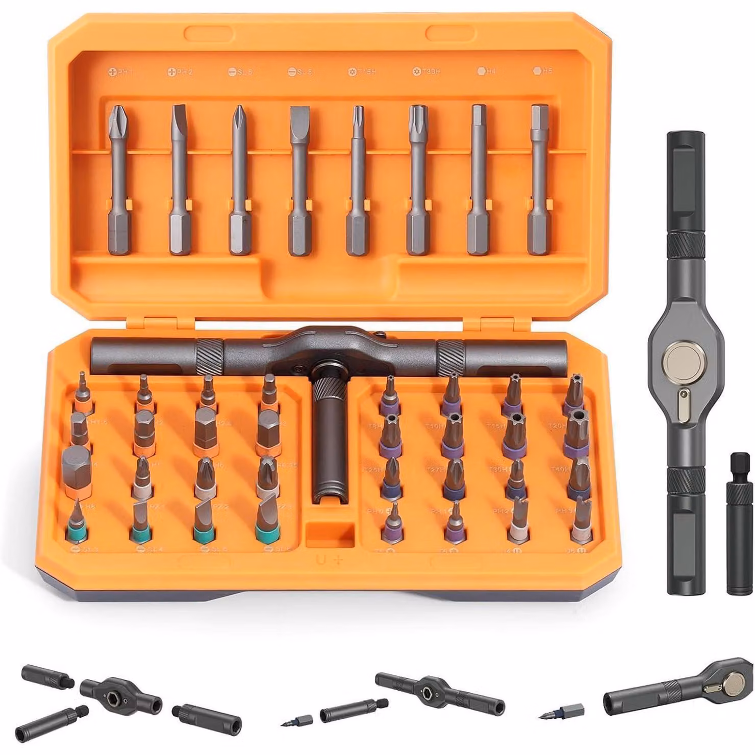 Set di cacciaviti magnetici 42-in-1 con meccanismo a ratrapello, 40 punte, colore arancione
