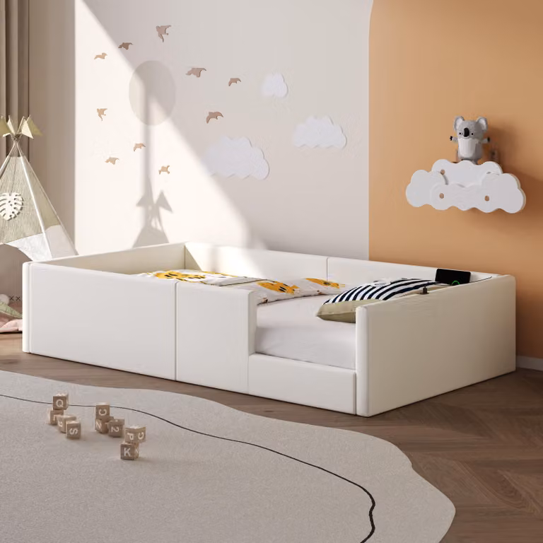 Letto a piattaforma 90x200, imbottito, con sponde di sicurezza e base di ricarica