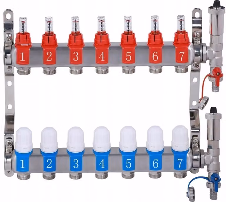 Distributore Tubo Per 7 Circuiti Di Riscaldamento A Pavimento Con Flussimetri In Acciaio