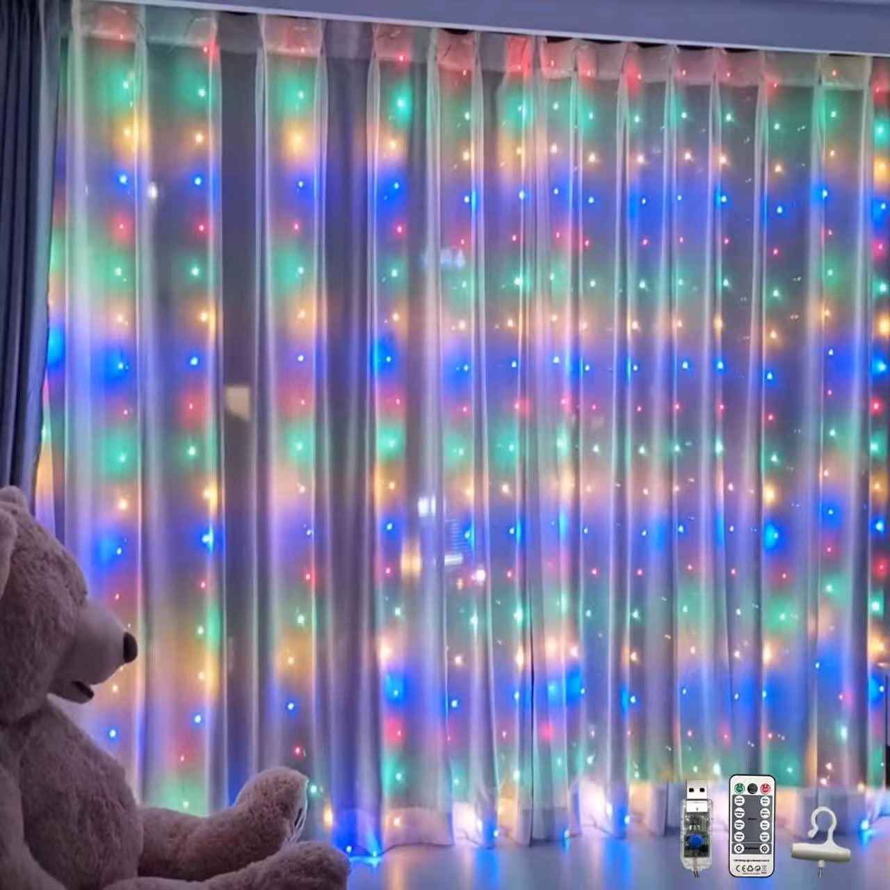 Luci a LED per tende, dimensioni 2,4 x 1,8 metri, alimentazione USB, 8 modalità, multicolore
