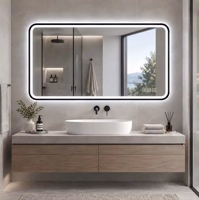 Specchio bagno LED 70x90 cm con cornice in alluminio nero, illuminazione frontale e posteriore, funzione antiappannamento, regolabile in 3 tonalità di luce, dimmerabile, memoria, installazione orizzontale e verticale, IP44